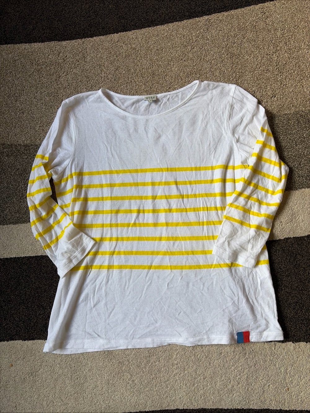 Kule Women's White/Yellow striped 100% Cotton 3/4 Sleeve T Shirt Top Small